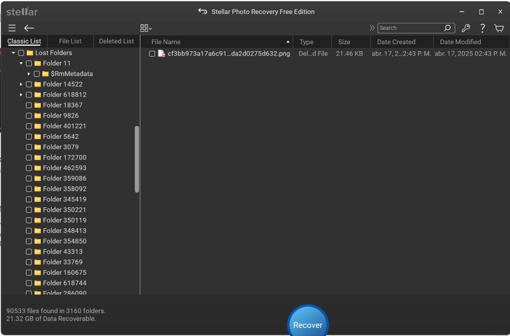 Stellar Photo Recovery scan results showing 90,533 found files and a blue Recover button in a dark interface.