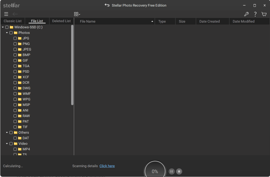 Stellar Photo Recovery scanning interface showing a file list tree for SSD recovery with a 0% progress bar.