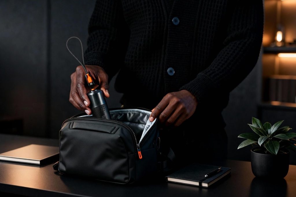 A person placing a black portable electronic vacuum with an orange lanyard into a padded tech organizer bag.