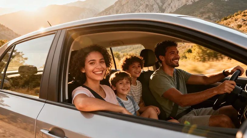 Happy family of four on a scenic mountain road trip in a silver car during a warm golden hour sunset.