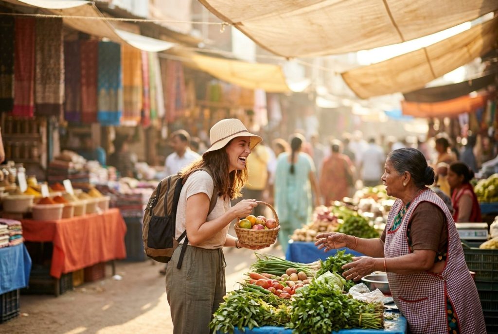 Woman smiles with a basket at vibrant outdoor market.