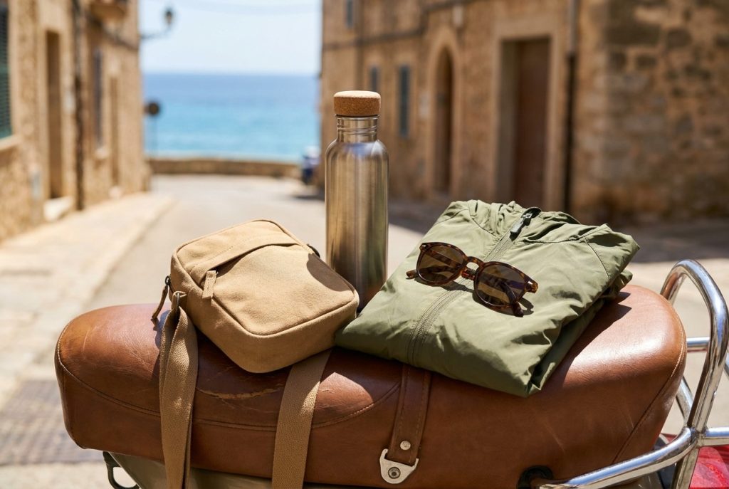 Travel essentials on scooter seat, scenic seaside street background.
