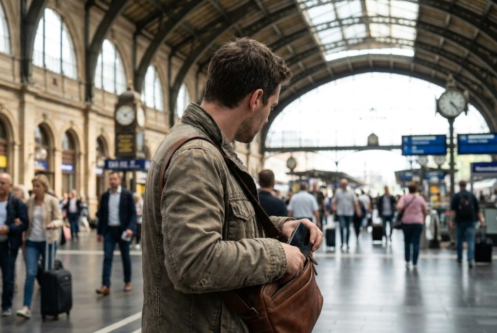 Man at train station holding phone near bag.