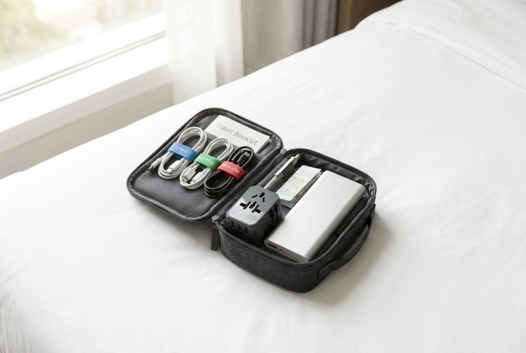 Travel tech organizer with cables and accessories neatly arranged.