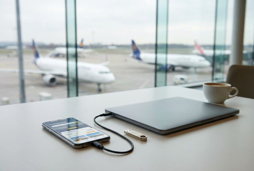 A smartphone connected to a laptop in an airport setting.