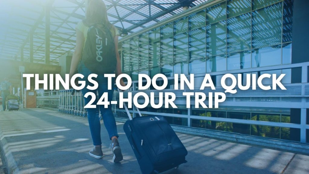 A traveler with a backpack and rolling suitcase walks toward an airport terminal with 24-hour trip text overlay.