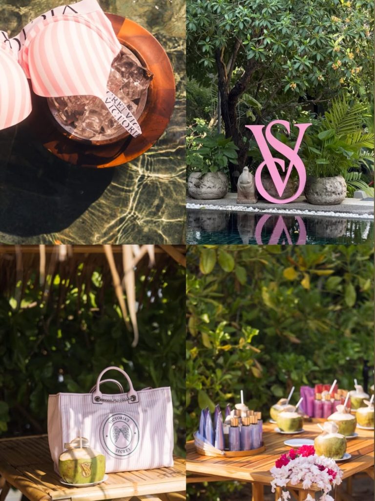 Collage of Victoria's Secret tropical event featuring a pink VS logo by a pool, branded tote bag, and coconuts.