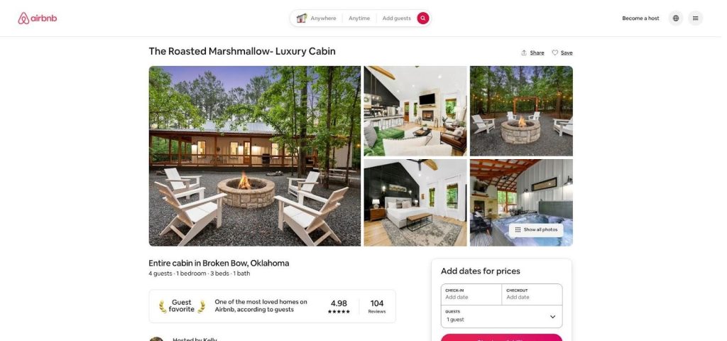 Airbnb listing for "The Roasted Marshmallow" luxury cabin in Broken Bow, OK, showing a fire pit, patio, and modern interior.