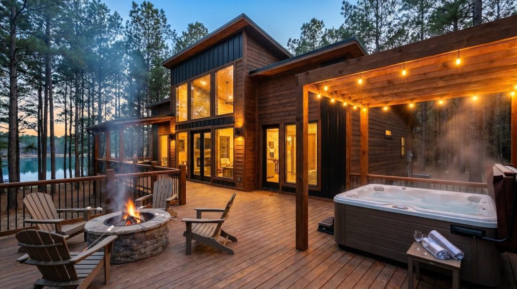 Modern lakeside cabin deck at dusk with a glowing fire pit, steaming hot tub, and string lights nestled in a pine forest.