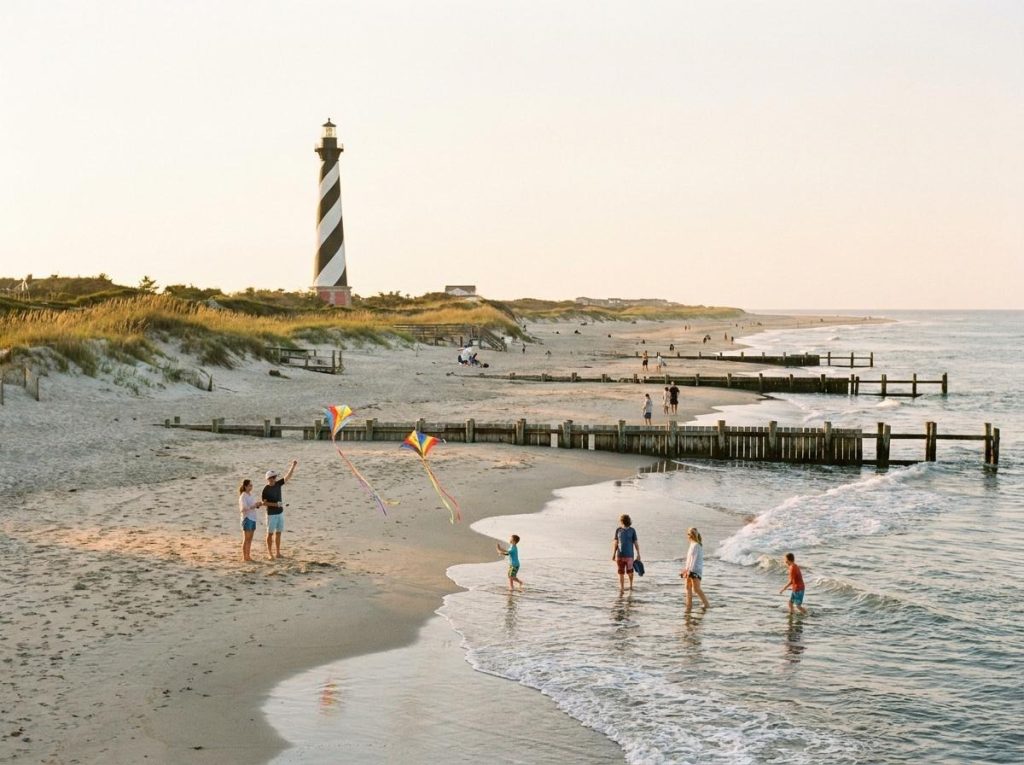 People flying kites and wading in the surf on a sandy beach near a striped black and white lighthouse during golden hour.