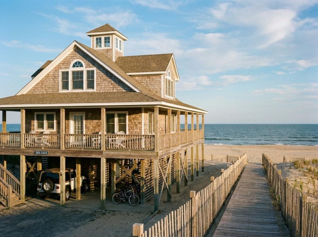 Elevated cedar-shake beach house with a wraparound porch on a sandy shore, next to a wooden boardwalk leading to the ocean.