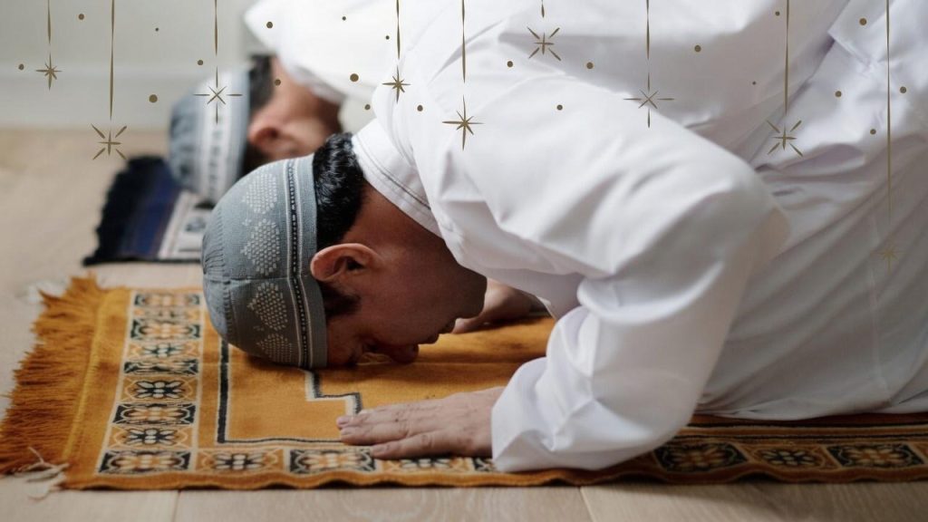 Muslim men in white thobes prostrating on prayer mats during Salah, with decorative gold star overlays.
