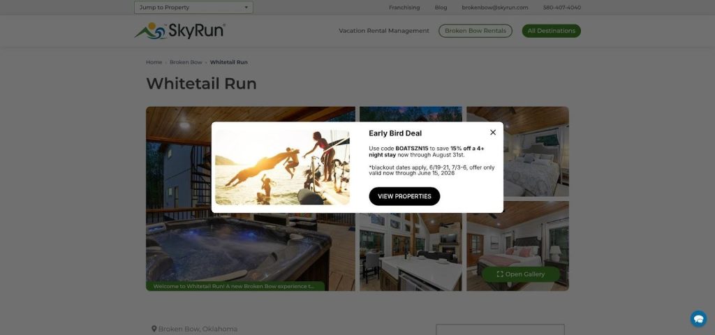 SkyRun website popup showing an Early Bird Deal with 15% off promo code BOATSZN15 for Broken Bow vacation rentals.