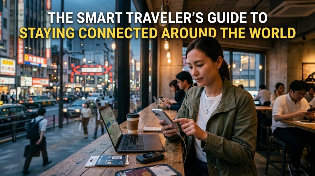 Woman in a neon-lit city cafe using a phone and laptop alongside a portable Wi-Fi hotspot, SIM card, and passport.