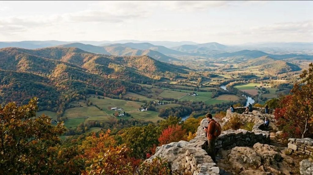 Hiker at a stone overlook admiring a panoramic view of an autumn mountain valley, patchwork farmland, and a winding river.