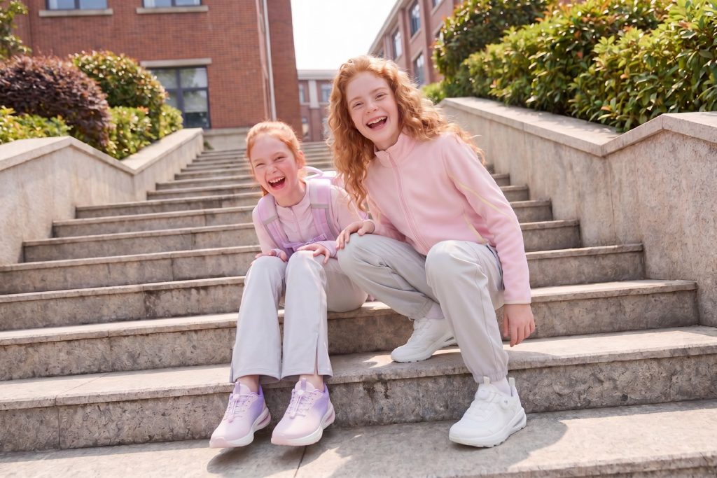 Two young girls with red hair laughing joyfully on outdoor stone steps, wearing pastel outfits on a sunny school campus.