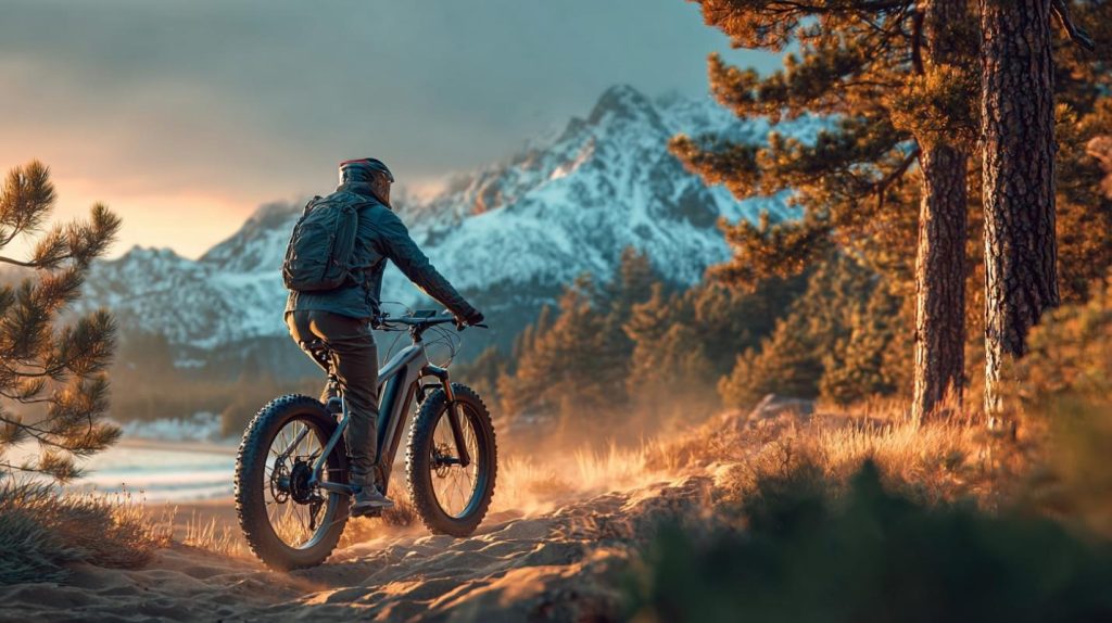 Cyclist riding a fat-tire e-bike on a sandy trail toward majestic snow-capped mountains during golden hour.
