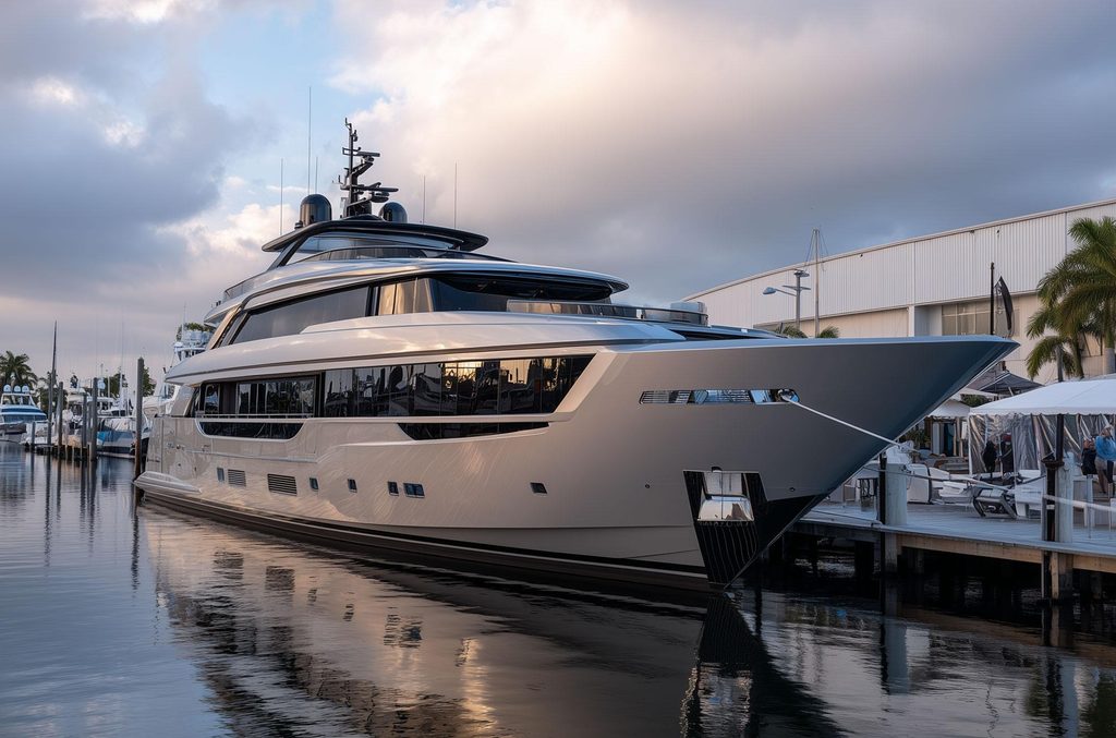 Sleek silver luxury superyacht moored at a marina dock, reflecting in calm water under a dramatically clouded sky.   