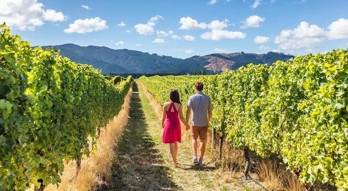 Couple walking through the vineyards of Hunter Valley on a wine-tasting getaway