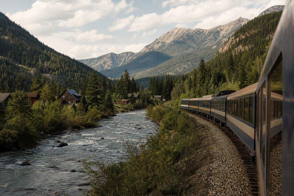 Passenger train curving along a rocky river and alpine valley towards distant mountains under an overcast sky.