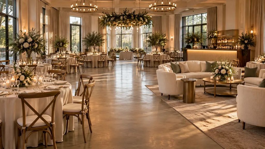 Elegant sunlit wedding venue setup featuring round dining tables, wooden cross-back chairs, a lounge area, and floral chandeliers.