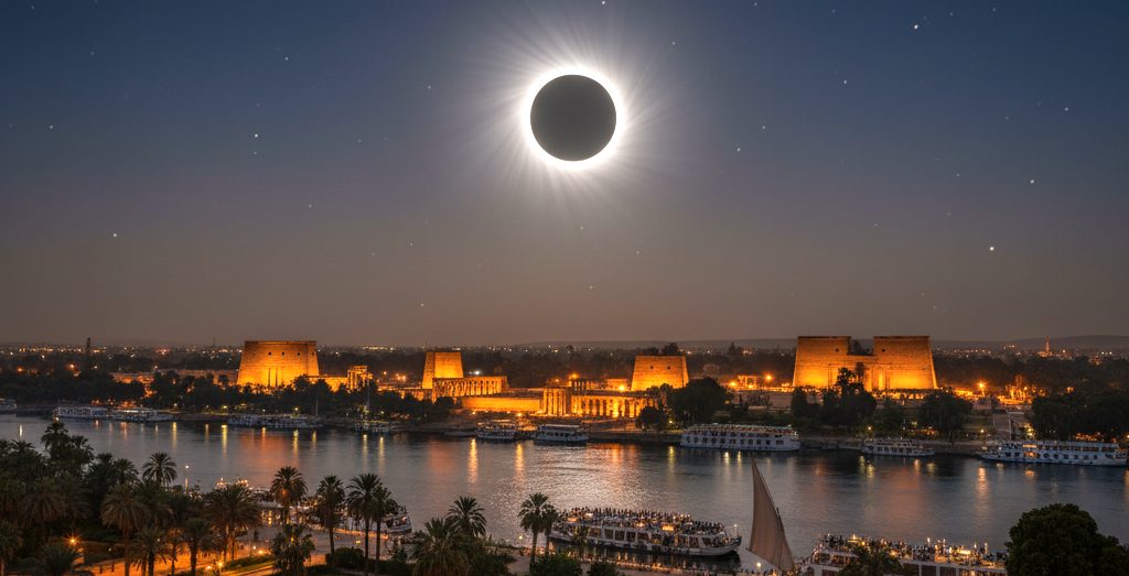 Total solar eclipse in a starry sky above illuminated ancient Egyptian temples and cruise ships on the Nile River.