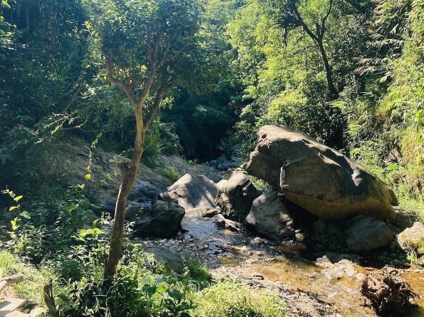 Rocks and water at the Bhoot Chhanga Waterfall in Sindupalchowk, Nepal.