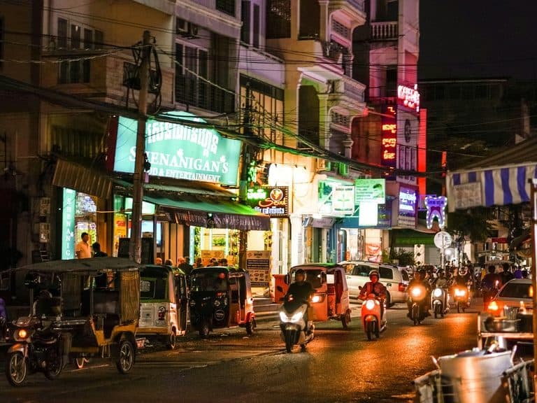 Night view of a street in Phnom Penh, Cambodia.