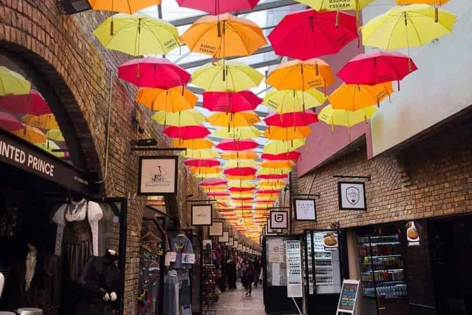 Colourful umbrellas hanging at the Camden Market in London, England.