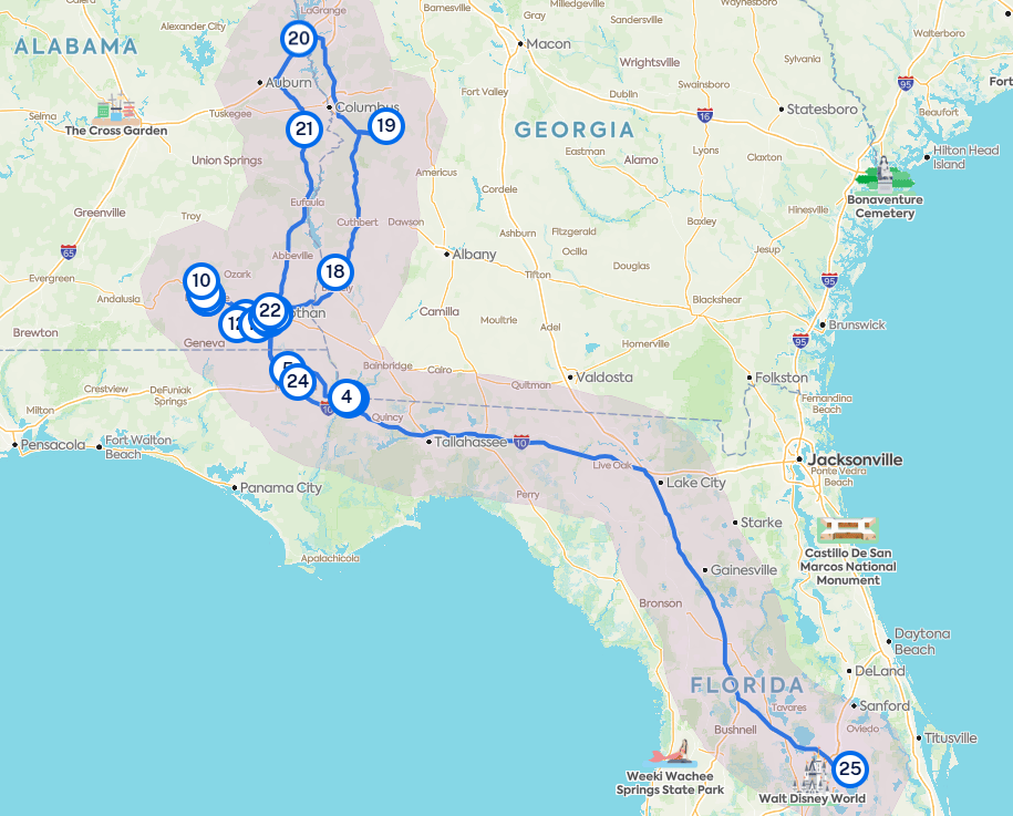 Alabama Road Trip Day 4 Florida Caverns The Long Drive Home 1.4 Map 