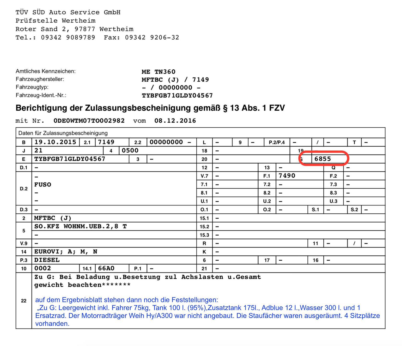 Fuso - Wiegeprotokoll TÜV-Wertheim