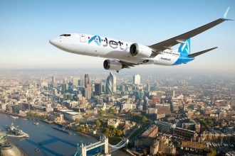 AJet Boeing 737 MAX aircraft flying over London, part of Turkish Airlines’ low-cost airline fleet expansion.