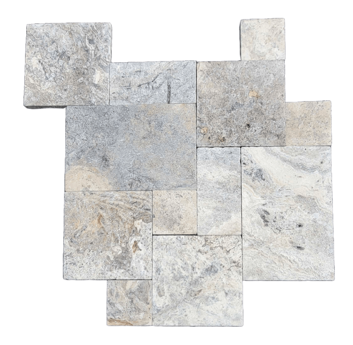 French Pattern Silver Tumbled Travertine Pavers. Mosaic pattern of gray and beige stone tiles with a rough texture set against a transparent background, conveying a natural, earthy tone.