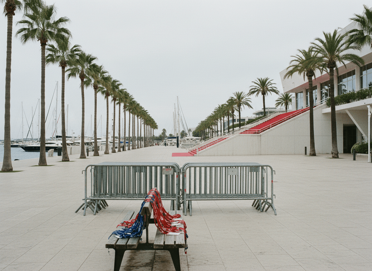 Seafront promenade with palm trees and a red-carpet staircase at a content market venue