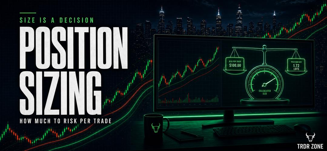 Position sizing risk per trade graphic with trading scale and monitor, TRDR Zone branding