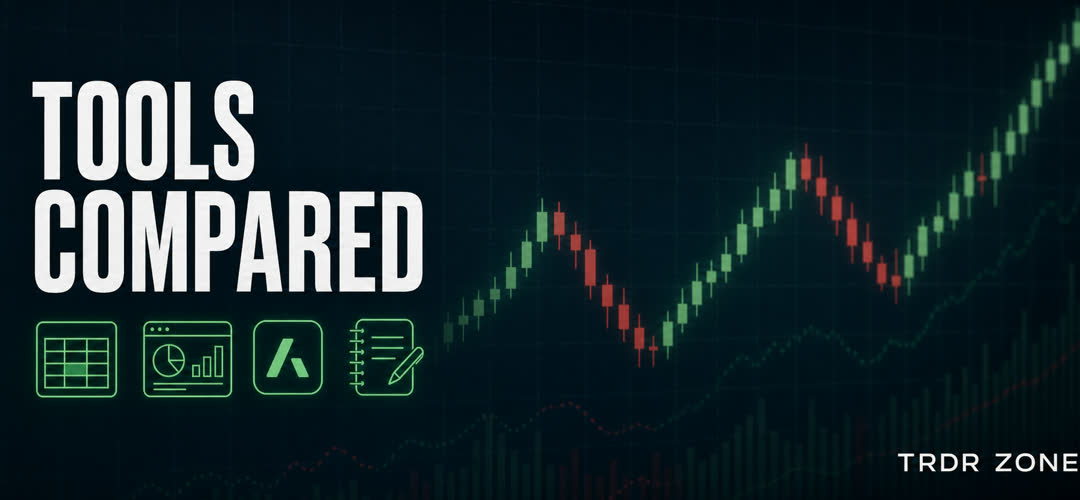 Banner comparing spreadsheet, software, app, and paper trading journal tools