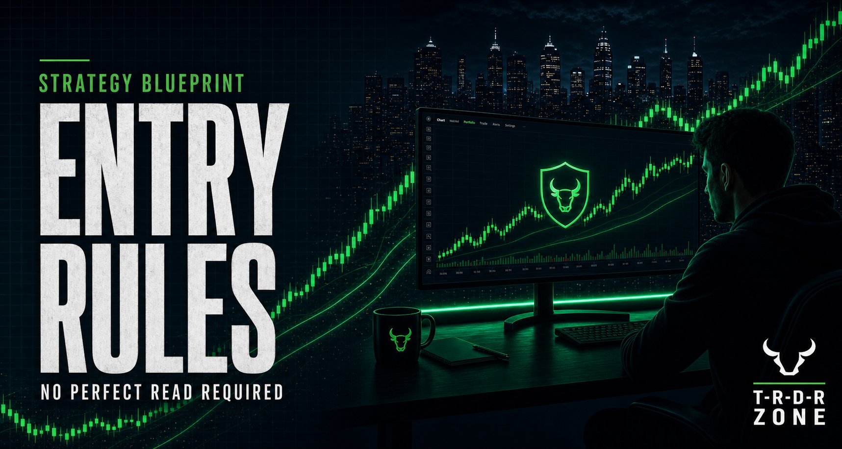 Entry Rules blog post graphic with candlestick chart and TRDR Zone branding