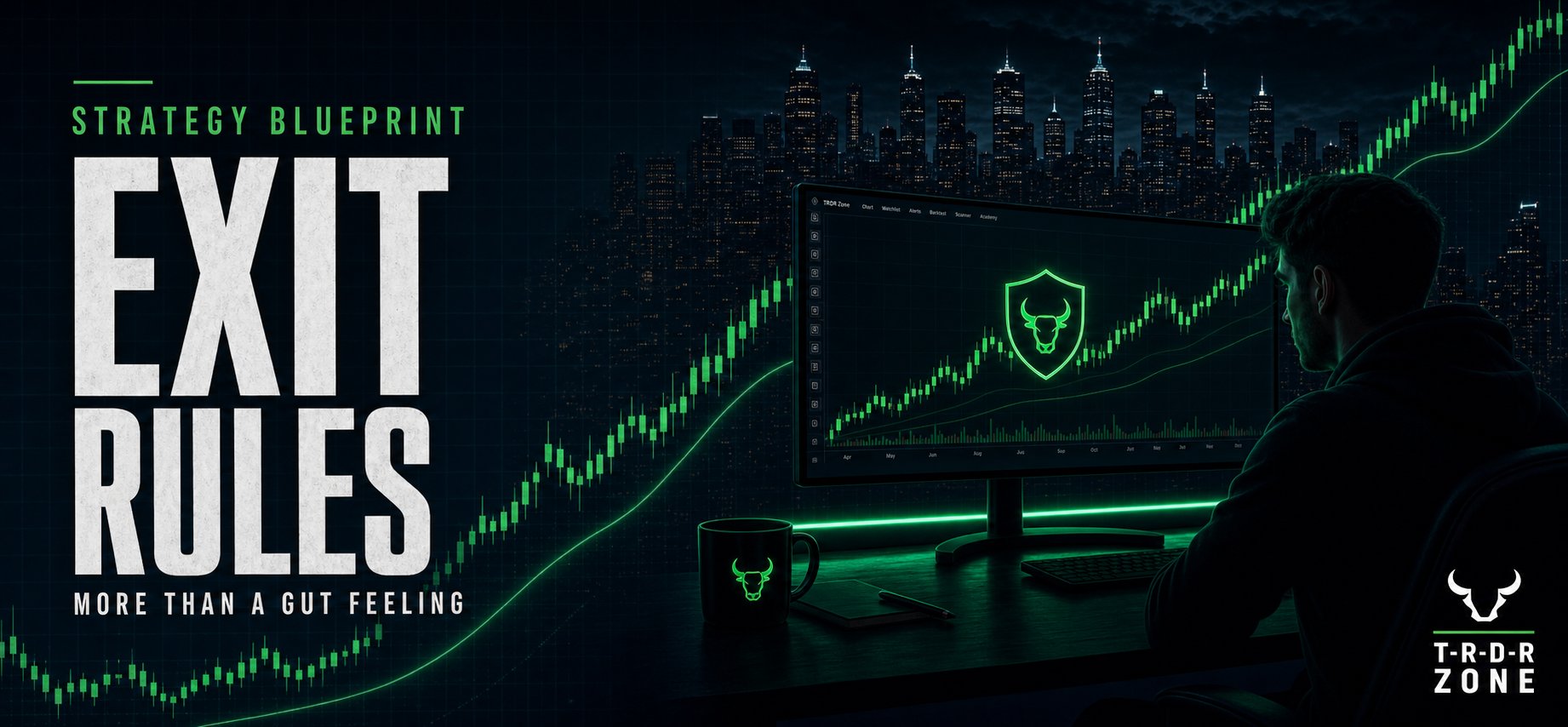 Exit Rules blog post graphic with candlestick chart and TRDR Zone branding
