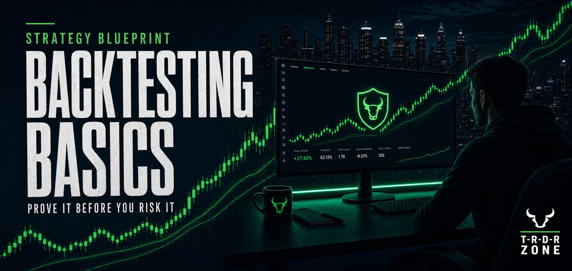 Backtesting Basics blog post graphic with candlestick chart and TRDR Zone branding