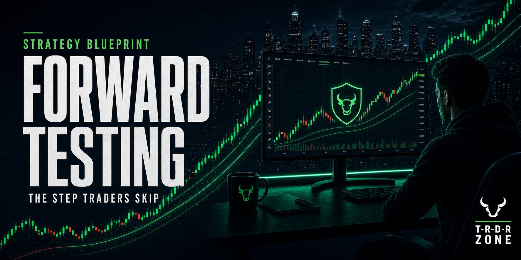 Forward Testing blog post graphic with candlestick chart and TRDR Zone branding