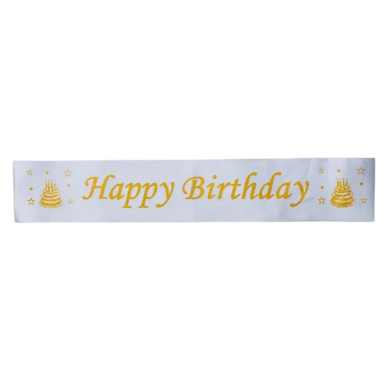 Happy Birthday Sash – White with Gold Letters