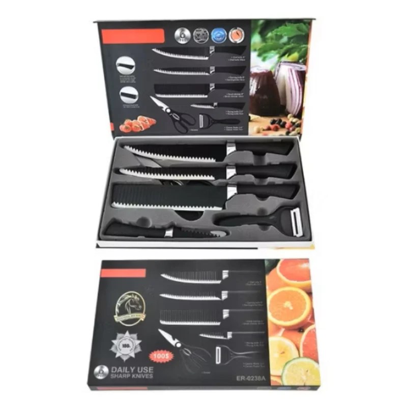 6 Pcs Black Corrugated Kitchen Knives Set with Scissor & Peeler