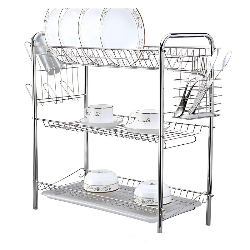 3 Layer Dish Drainer Rack with Cup & Cutlery Holder (15″L x 22″H x 9″W)