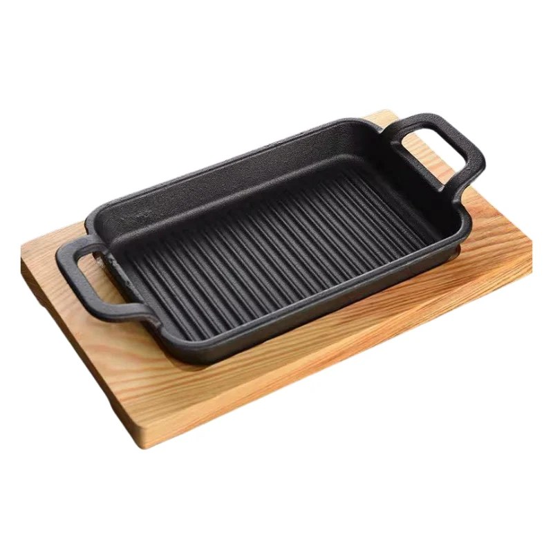 Rectangular Double Ear Cast Iron Grill Pan with Wooden Tray (21cm x 13cm)