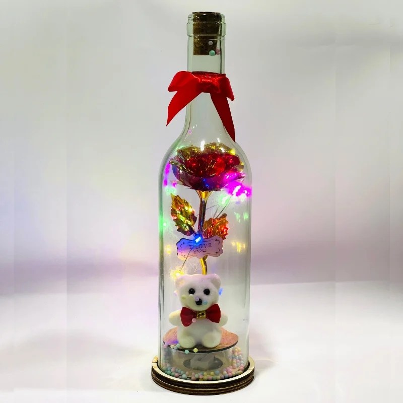 Romantic Lighted Glass Bottle with Teddy & Rose