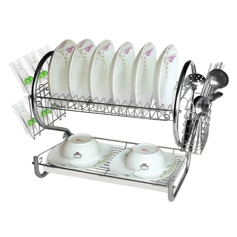 2 Layer Dish Drainer Rack with Cup & Cutlery Holder