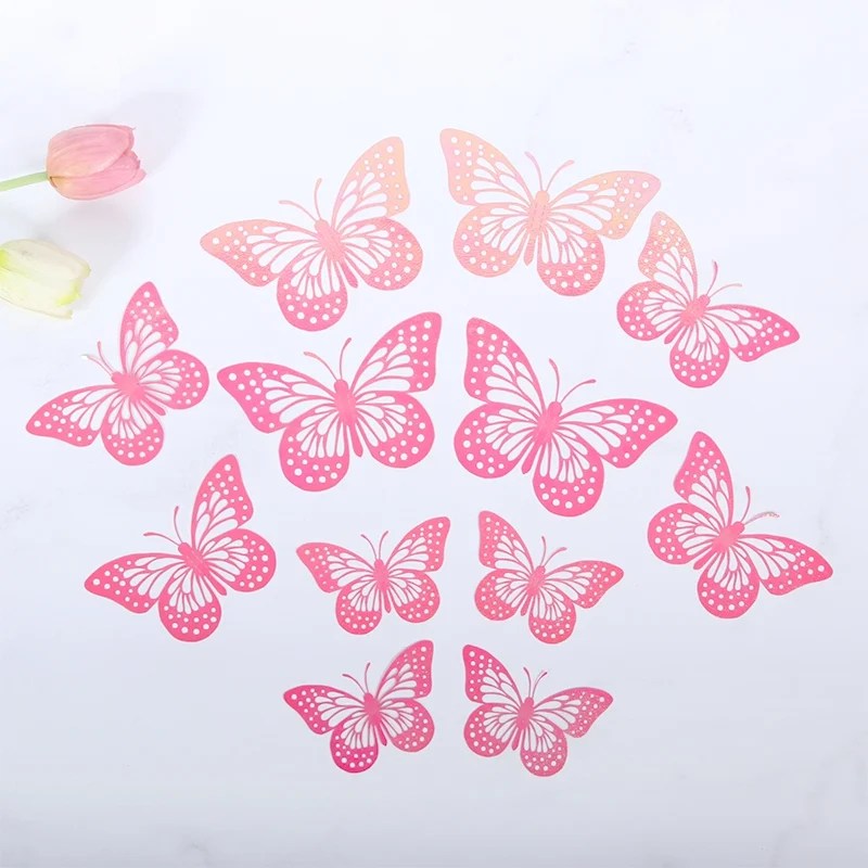 3D Hollow Butterflies Wall Sticker with Adjustable Wings 12 Pcs – Pink