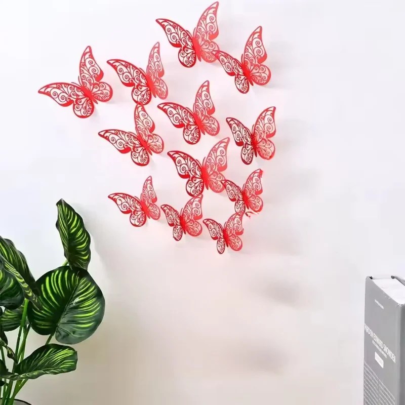 3D Hollow Butterflies Wall Sticker with Adjustable Wings 12 Pcs – Red