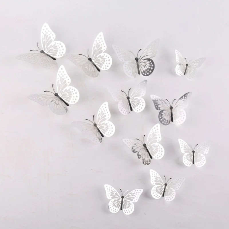 3D Hollow Butterflies Wall Sticker with Adjustable Wings 12 Pcs – Silver
