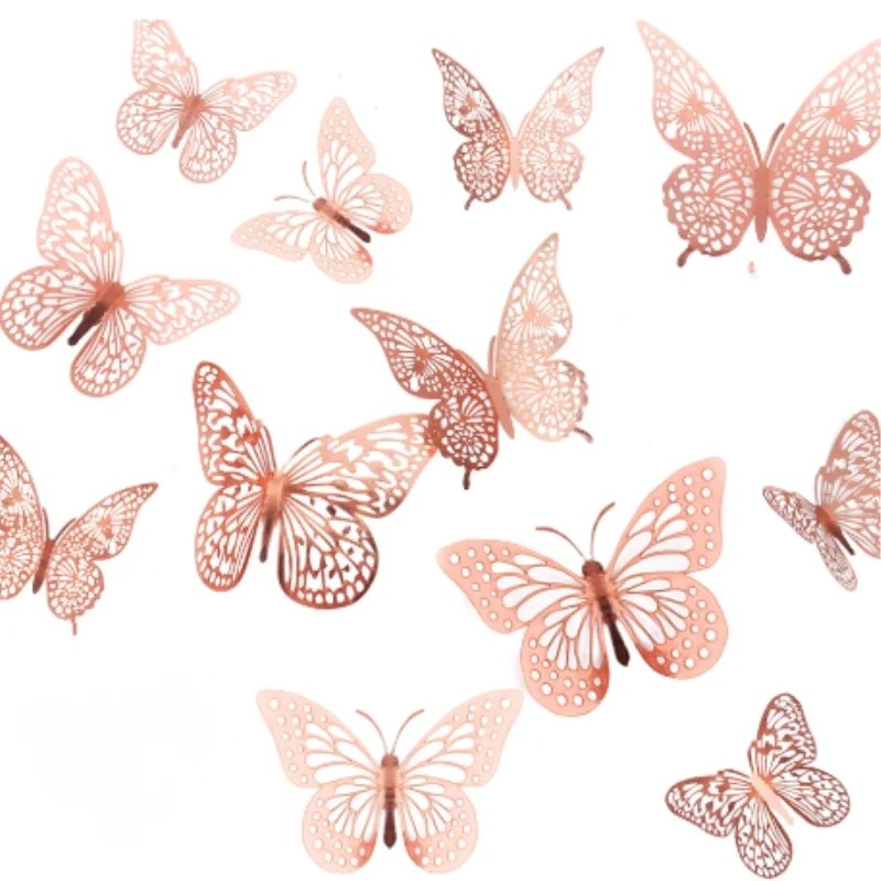 3D Hollow Butterflies Wall Sticker with Adjustable Wings 12 Pcs – Rose Gold